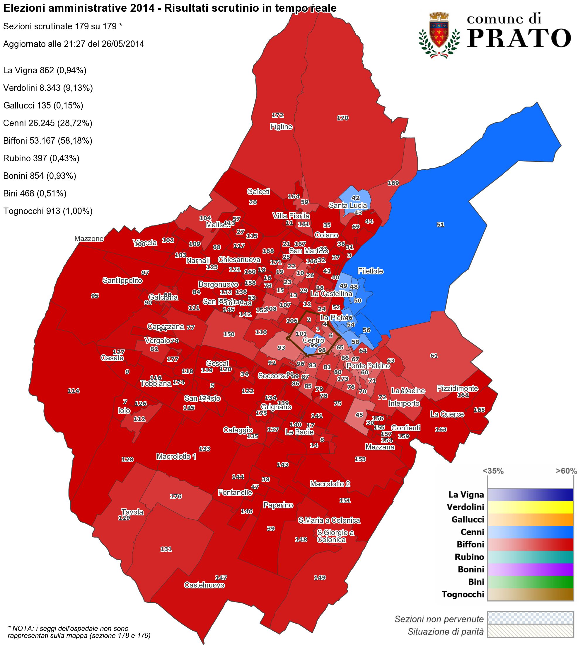 Mappa di Prato con la distribuzione dei voti ai candidati Sindaco